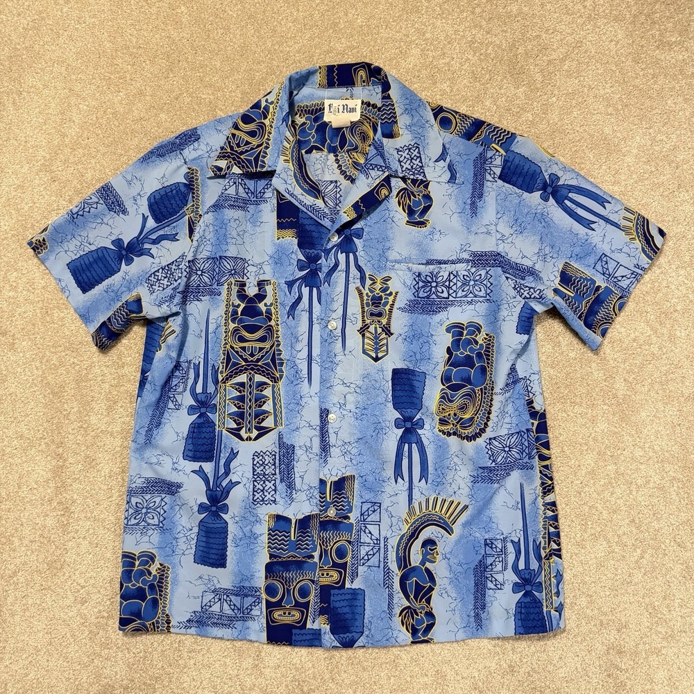 Vtg Made In Hawaii Hawaiian Shirt Large Blue Gold Surfer Beach Vacation 70/80's
